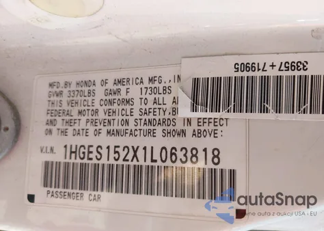 2001 Honda Civic Dx z USA, uszkodzony, nr VIN 1HGES152X1L063818